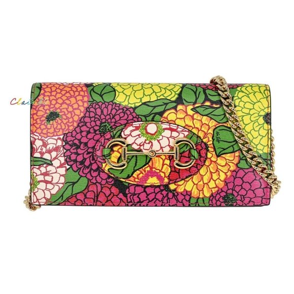 Gucci x Ken Scott Horsebit 1955 Wallet Leather Floral Gold Pink Italy Purse NEW - Picture 1 of 10